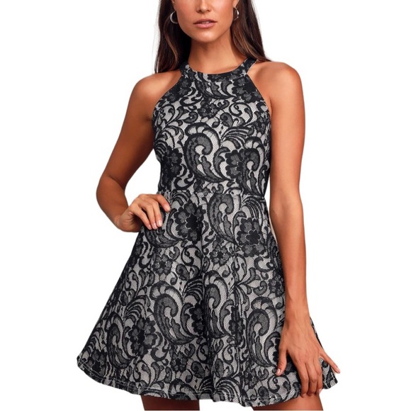 LULU’S | Enchanting Evening Black White Floral Lace Backless Mini Skater Dress - Picture 1 of 16
